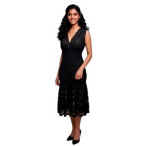 MSPG Black Lace Overlay V Neck Sheath Midi Dress Cocktail Event Party Size S